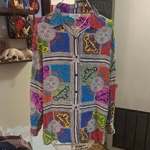 Colorful Vintage Silk Blouse, Sz L